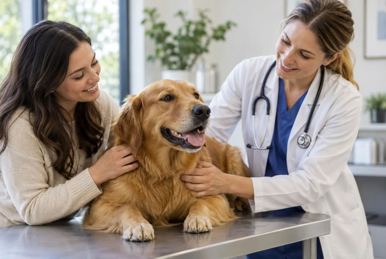 A veterinarian examining a dog beside its owner